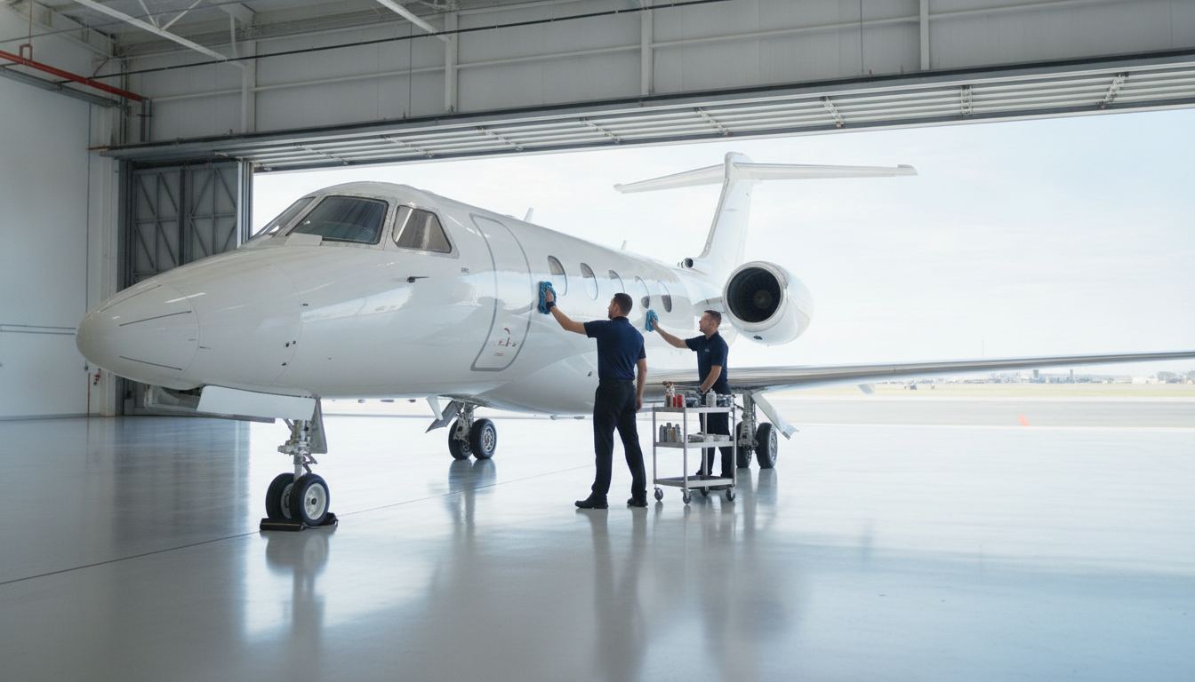 Aircraft detailing crew washing a private jet inside a Los Angeles County hangar