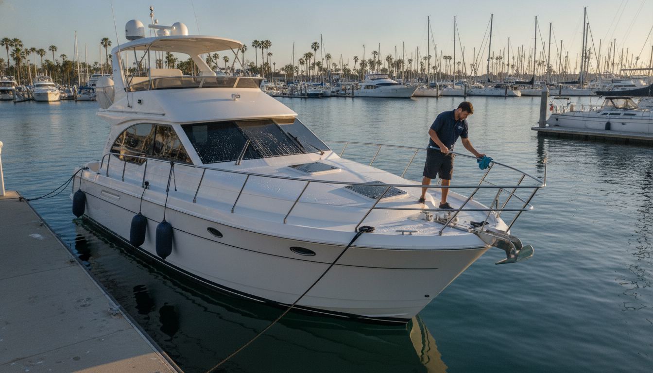Yacht detailer polishing gelcoat on a boat at a Los Angeles marina slip