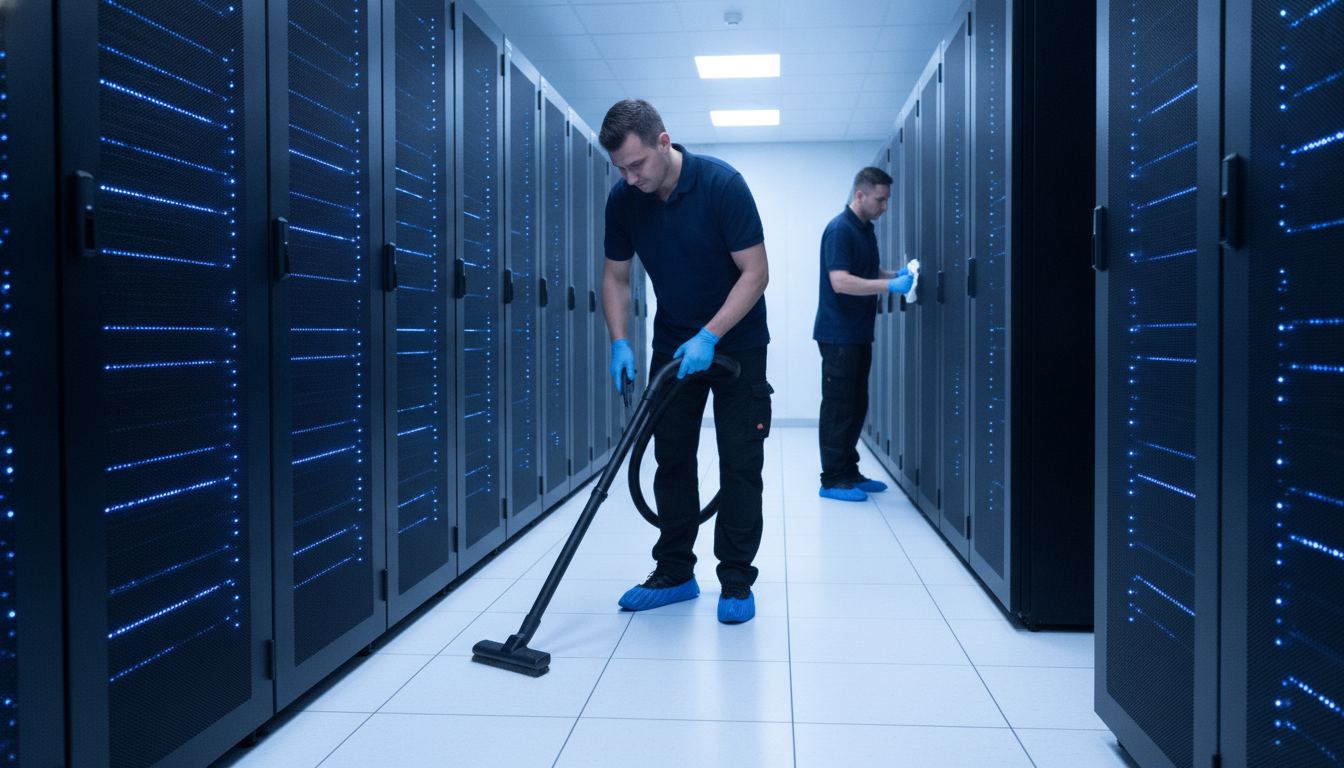 Technician cleaning a data center server aisle and raised floor in Los Angeles
