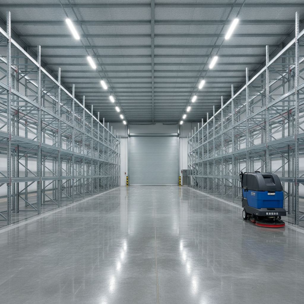 Clean warehouse floor and racking after professional industrial cleaning in Los Angeles County